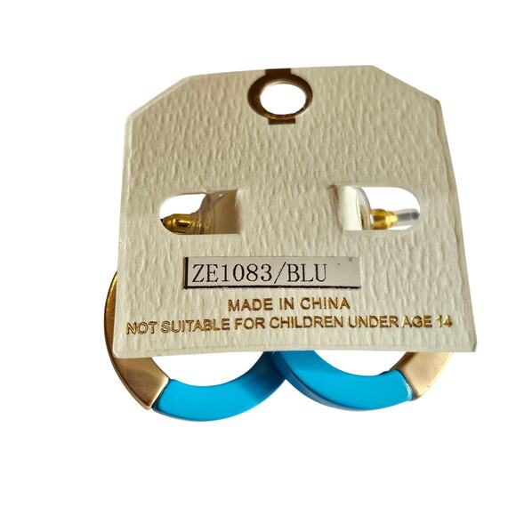 Hoop Earrings Blue, Gold Tone Chunky Acrylic 1.19" HEMU New York w/ Gift Bag - Picture 6 of 8